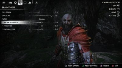 Screenshot showing Kratos from God of War in a photo mode setting