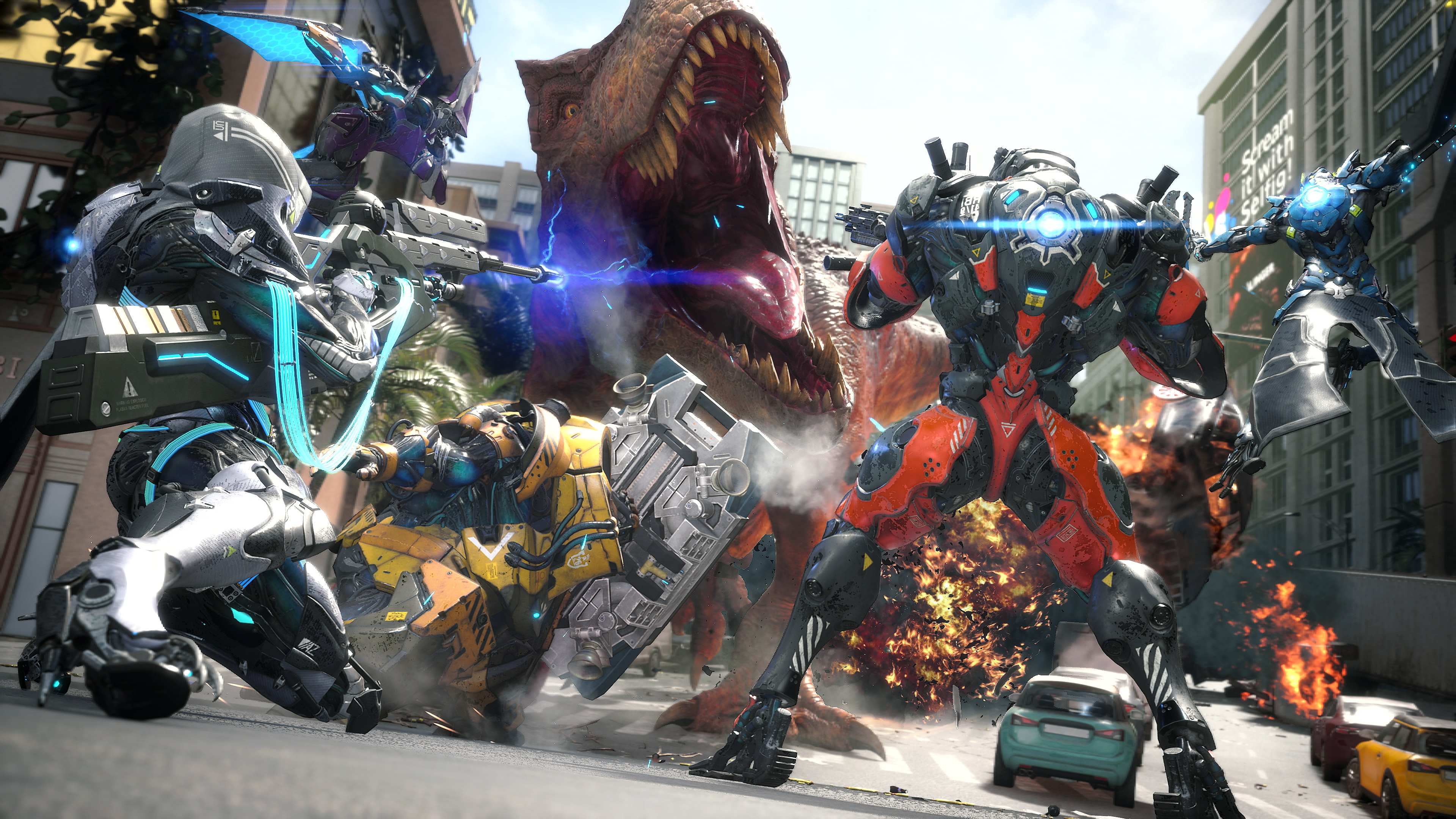 Screenshot van Exoprimal met daarop een T. Rex die personages in Exosuits aanvalt.