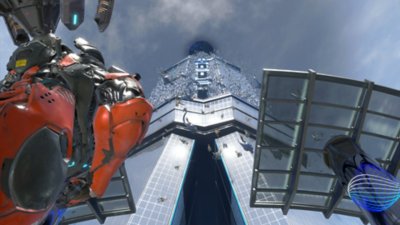Екранна снимка на Exoprimal, гледаща към върха на висока сграда, докато много динозаври падат на земята