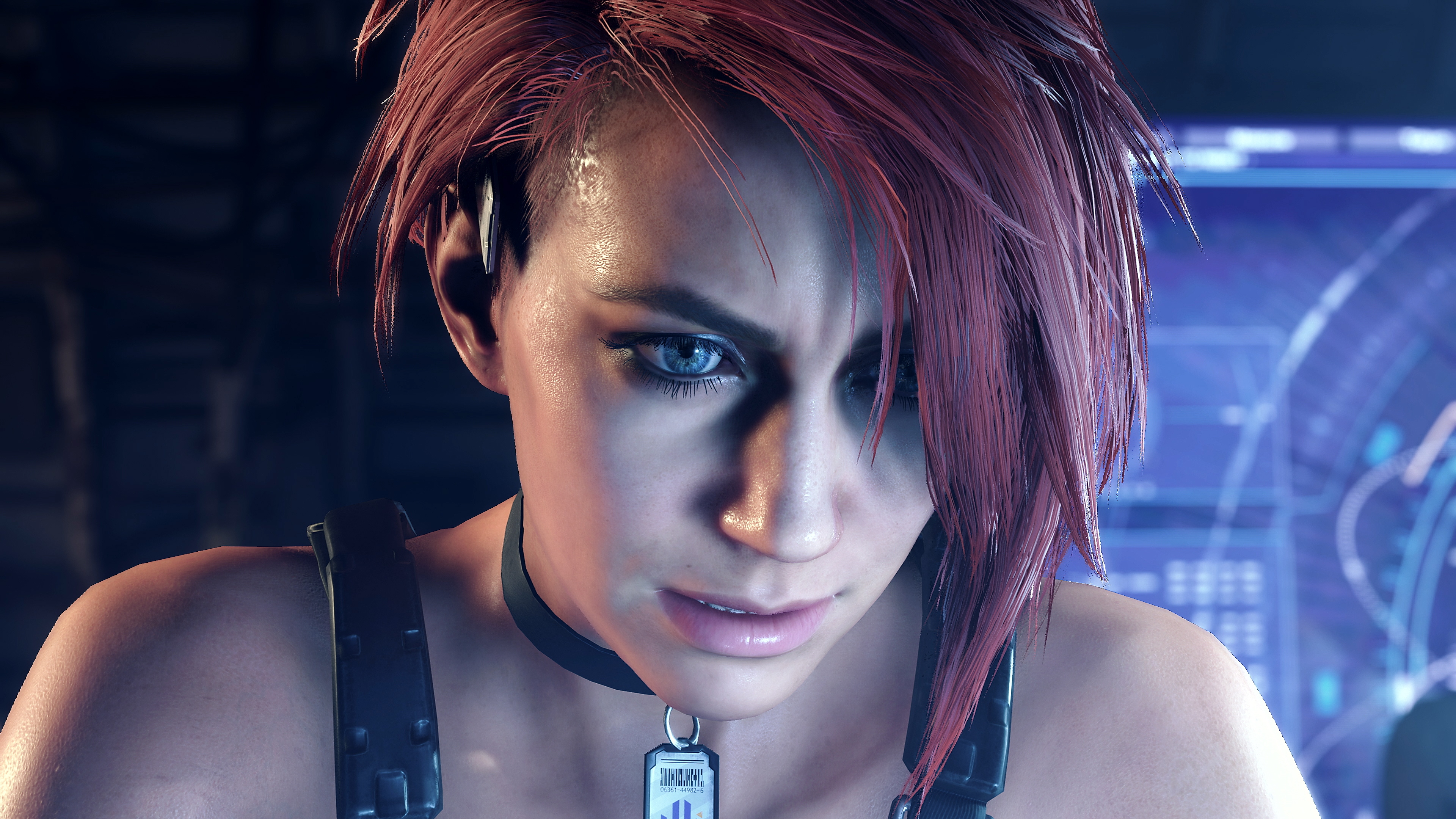 Screenshot van Exoprimal - close-up van een personage met rood haar.
