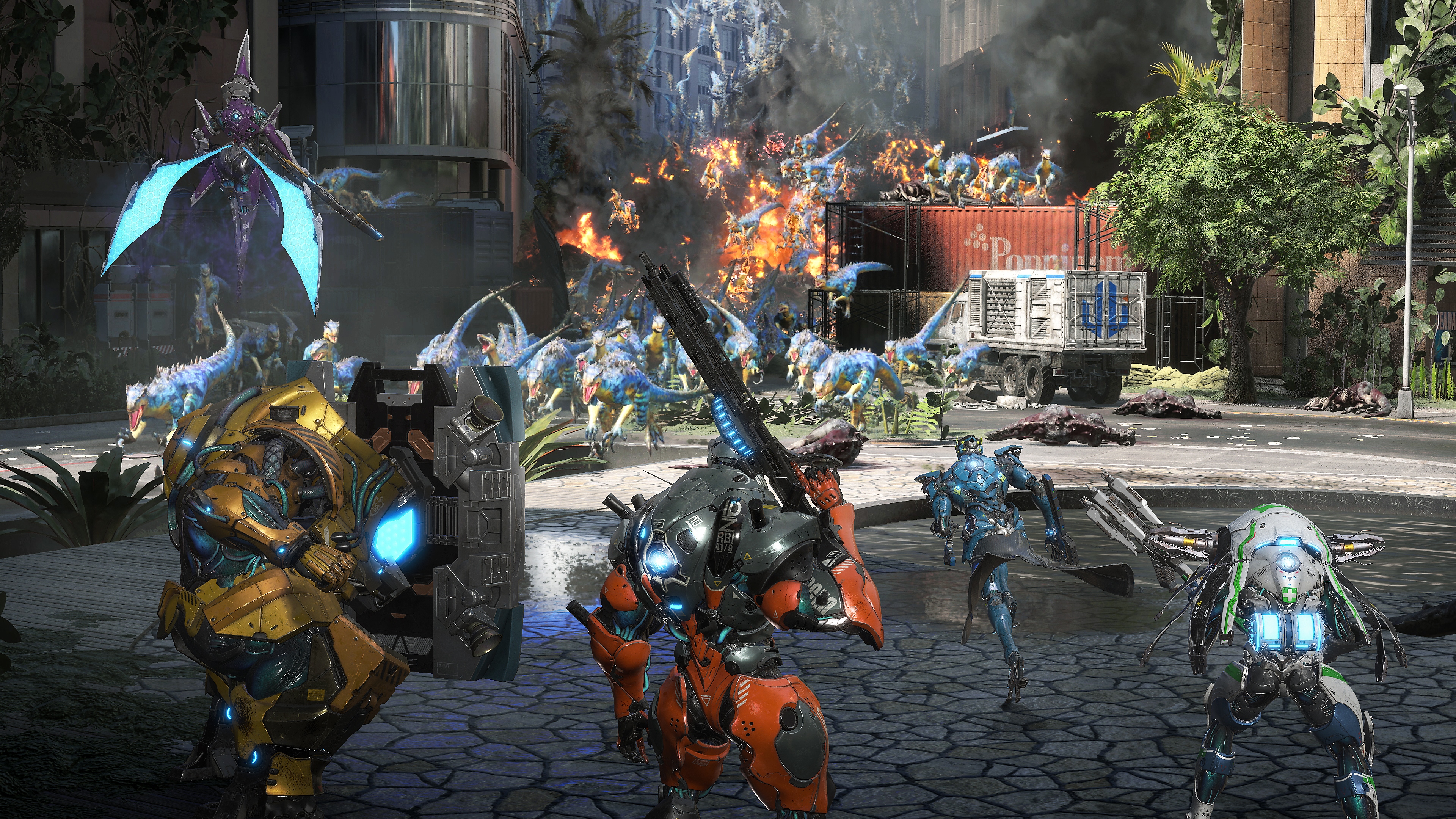 Screenshot van Exoprimal met daarop dino's die naar personages rennen die dreigen met wapens en schilden.