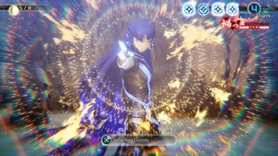 Captura de pantalla de Shin Megami Tensei V: Vengeance del jugador lanzando Inflaming Divinity