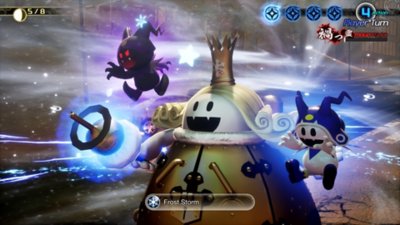 Shin Megami Tensei V: Vengeance – Captură de ecran cu un inamic care lansează un atac magic Frost Storm