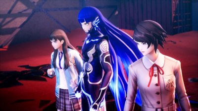 Shin Megami Tensei V: Vengeance screenshot showing three characters grouped together looking focused