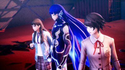 Shin Megami Tensei V: Vengeance – Captură de ecran cu trei personaje în grup, care par foarte concentrați