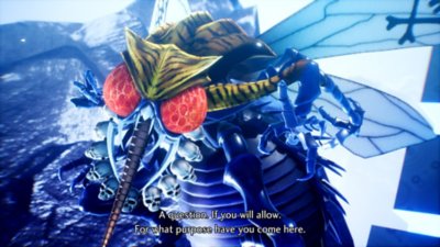 Oyuncu karakteriyle konuşan sinek benzeri bir yaratığı gösteren Shin Megami Tensei V: Vengeance ekran görüntüsü