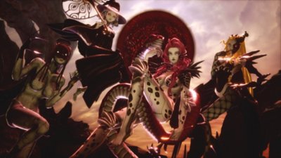 Dört kadın karakteri tuhaf kostümler içinde gösteren Shin Megami Tensei V: Vengeance ekran görüntüsü