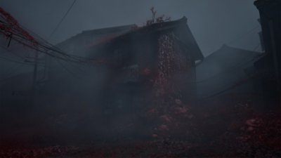 Silent Hill f - afbeelding van een winkelgebouw in een klein Japans stadje, aangetast door planten