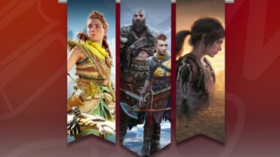 Best single player games promotional artwork featuring key art from Horizon Forbidden West, God of War Ragnarok and The Last of Us Part I.