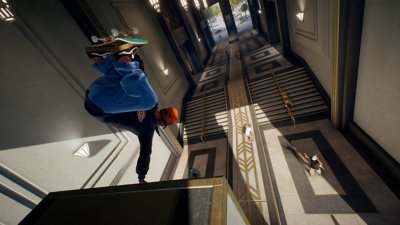 skate. - screenshot van een skater die een liptrick uitvoert in een art-decogang