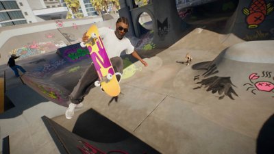 skate. - screenshot van een skater die in de lucht zijn skateboard vastgrijpt