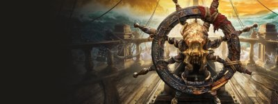 Arte principal de Skull & Bones manejando el timón de un barco pirata