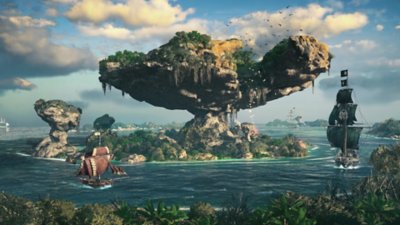 《Skull and Bones》螢幕截圖，顯示一座熱帶島嶼，周圍有海盜船航行
