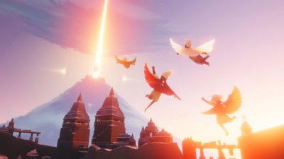 Sky: Children of the Light – skærmbillede med flere figurer, der flyver igennem luften. På et bjerg i horisonten skinner der en lysstråle fra toppen