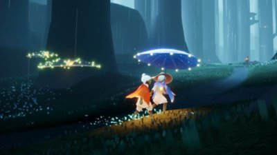 Sky: Children of the Light – skærmbillede med to figurer, der går igennem et skovområde under en parasol