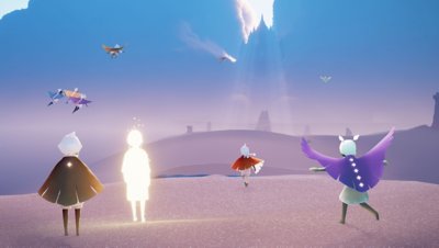 Captura de pantalla de Sky: Children of the Light que muestra a un grupo de personajes en ambiente desértico