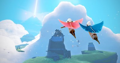 Screenshot aus "Sky: Kinder des Lichts", auf dem zwei Figuren fliegen.