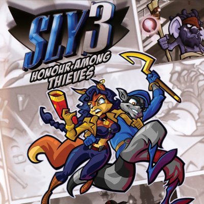 Sly 3: Honor Among Thieves key art showing two characters holding one another while running.