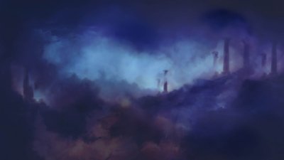 Imagem de fundo do Smite 2 com pilares gregos envoltos por um nevoeiro espesso e escuro