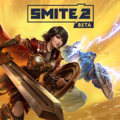 Arte do Smite 2 com uma personagem a transportar uma espada e de armadura vermelha e dourada, a empunhar um raio por baixo do logótipo "Smite 2 Beta"