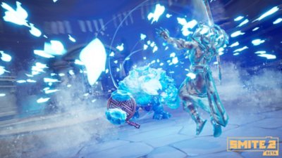 Captura de ecrã do Smite 2 com duas personagens numa batalha no gelo