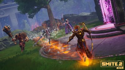 Captura de ecrã do Smite 2 com um deus egípcio a enfrentar três outros deuses e um portal roxo à direita