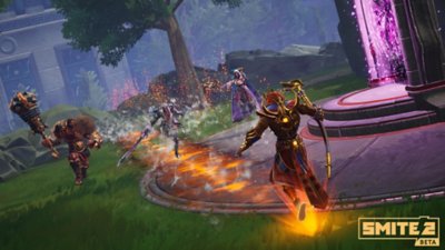 Smite 2 screenshot showing one Egyptian god facing off against three other gods and there is a purple portal on the right