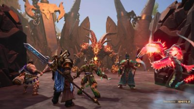 Captura de ecrã do Smite 2 com cinco deuses a prepararem-se para lutar contra um grande inimigo demoníaco.