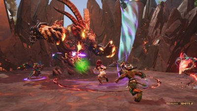 Smite 2 screenshot showing five gods battling a large demonic foe.