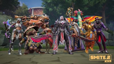 Captura de ecrã do Smite 2 com um grupo de deuses juntos com um fundo florestal