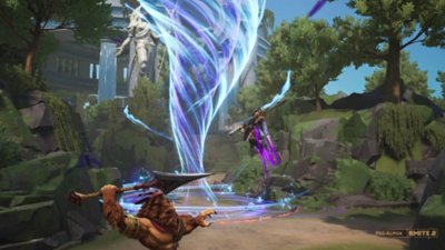 Smite 2 - captura de ecrã que mostra deuses a lutar enquanto um ataque de tornado irrompe no centro da ação.