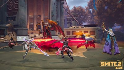 Captura de ecrã do Smite 2 com cinco deuses a prepararem-se para lutar contra um monstro alado com uma foice