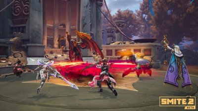 Smite 2 screenshot showing five gods preparing to battle a winged monster wielding a scythe