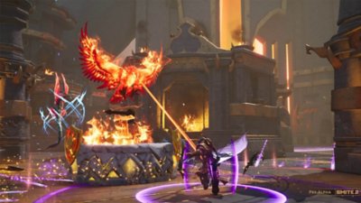 Smite 2 screenshot showing a player taking on an enemy base guarded by a phoenix.