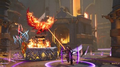 Smite 2 - captura de ecrã que mostra um jogador a atacar uma base inimiga guardada por uma fénix.
