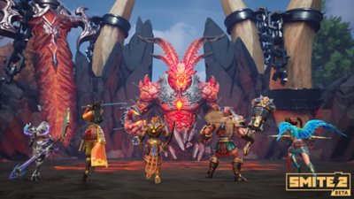 Captura de ecrã do Smite 2 com cinco deuses a prepararem-se para lutar contra um inimigo demoníaco.
