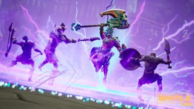 Smite 2 screenshot showing an Aztec god with an axe landing in the center of the image and pushing back the other characters with purple shockwaves