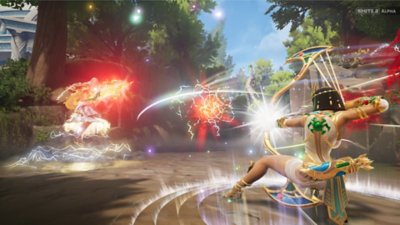 Smite 2 - captura de ecrã que mostra uma deusa egípcia a apontar a Zeus com o seu arco.