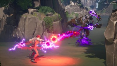 Smite 2 - captura de ecrã que mostra um deus alado e barbudo em fogo cruzado com outro deus.
