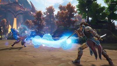 Smite 2 - captura de ecrã que mostra Loki e um kitsune em batalha.