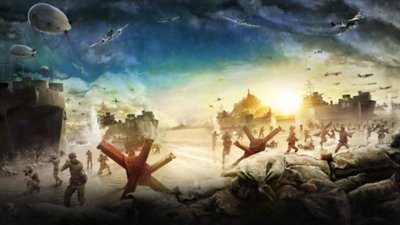 Sniper Elite 5 background artwork showing soldiers on a beach
