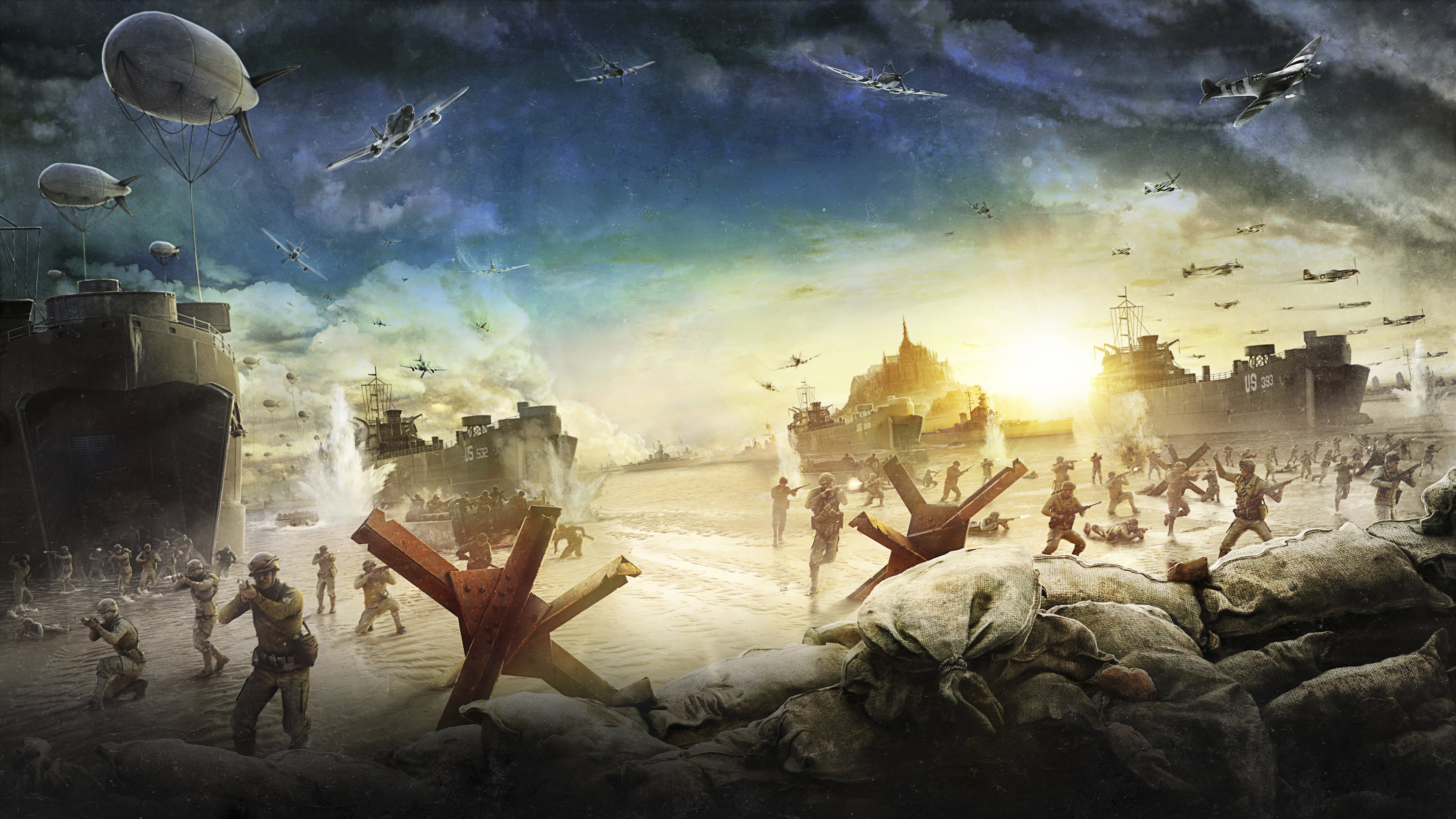 Achtergrondillustratie voor Sniper Elite 5 met daarop soldaten op een strand