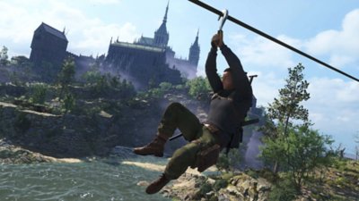 Sniper Elite 5 screenshot showing a character using a zip line