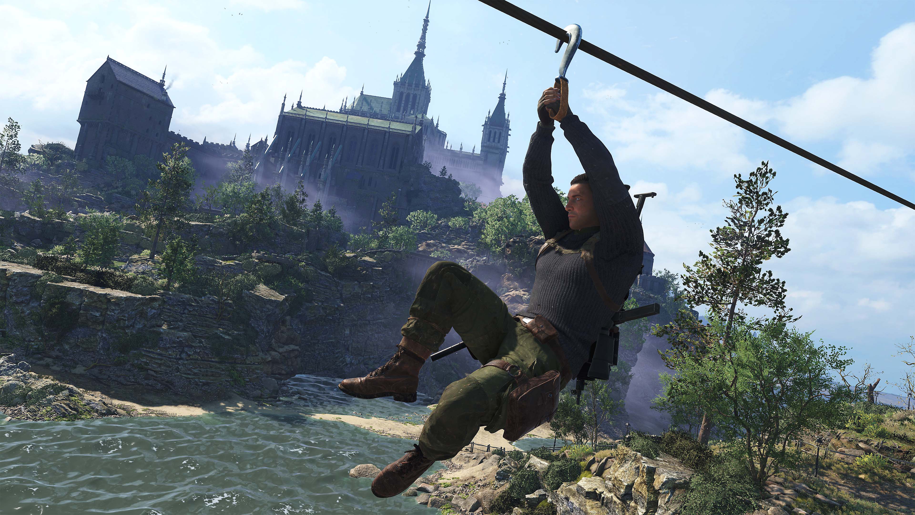 Istantanea della schermata di Sniper Elite 5 che mostra un personaggio che usa una zipline