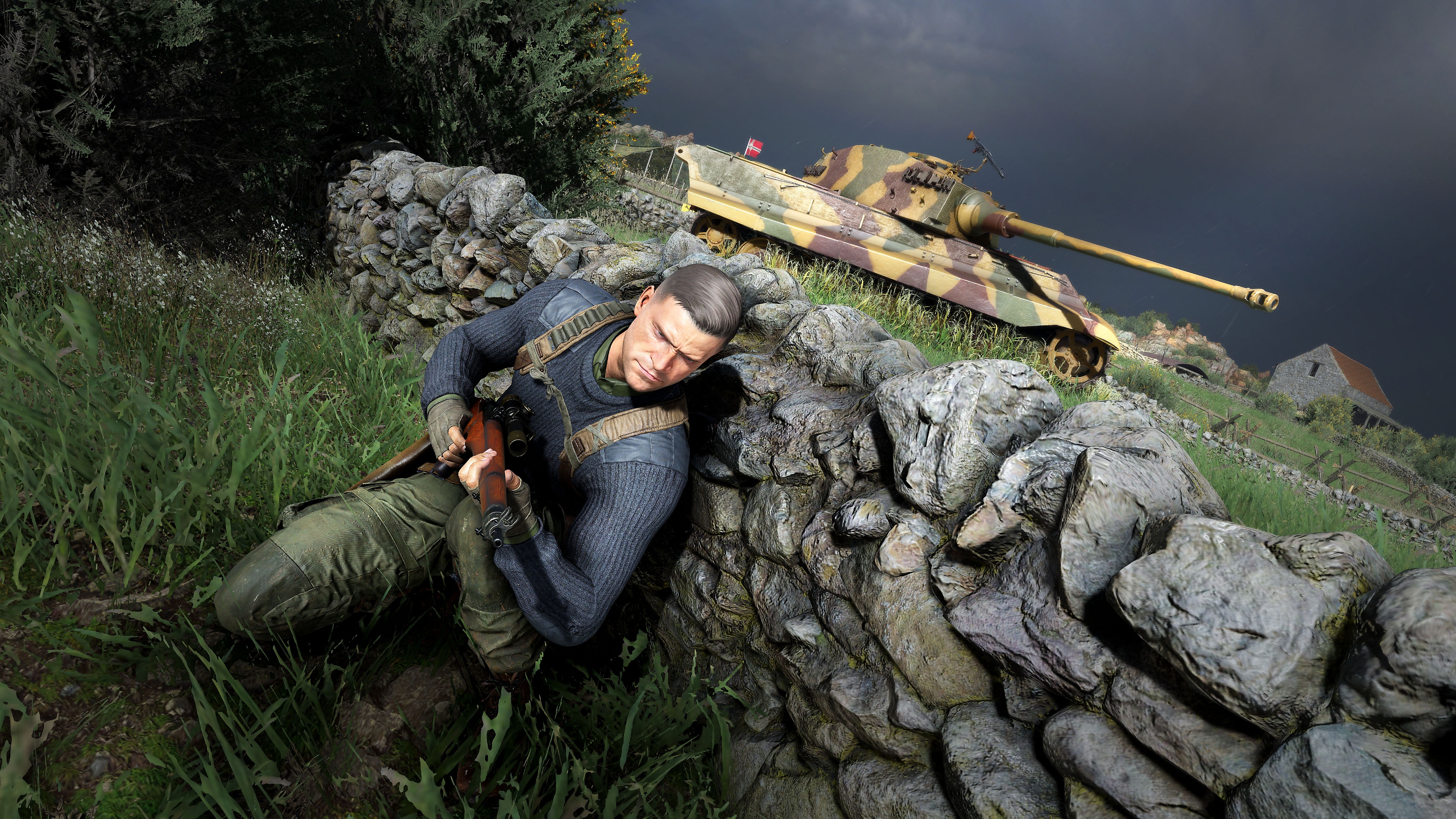 Sniper Elite 5 – skärmbild som visar en karaktär ta skydd bakom en vägg