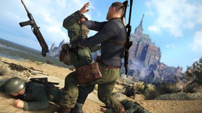 Sniper Elite 5 – снимок экрана, на котором изображен рукопашный бой