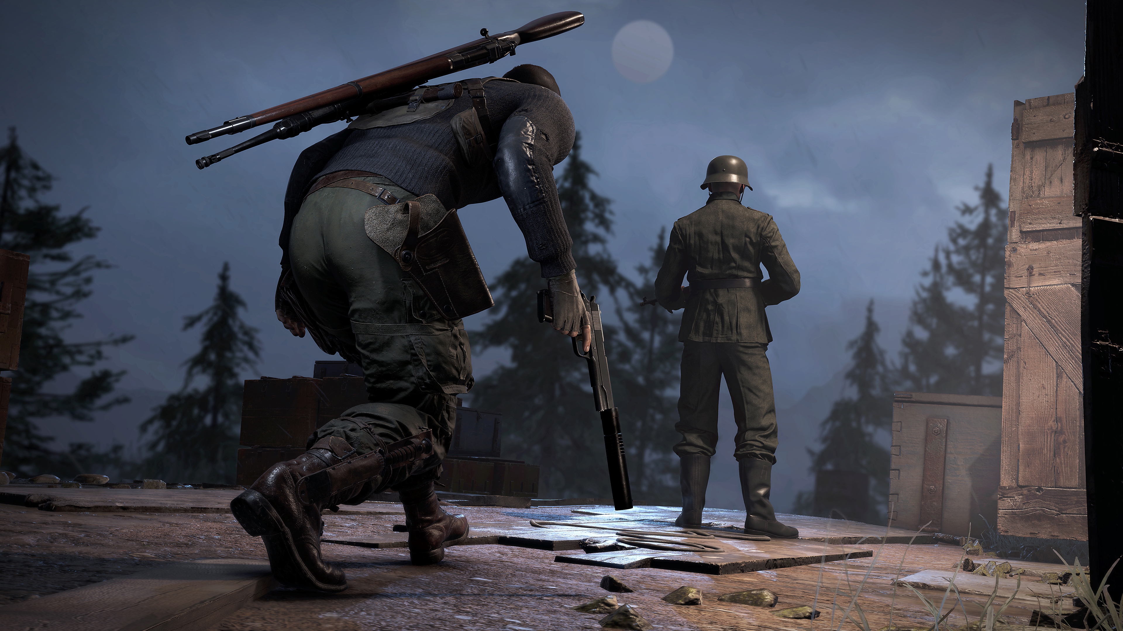 Sniper Elite 5 screenshot showing a character creeping up behind an enemy