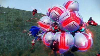 Sonic Frontiers 스크린샷, 흐르는 은색 및 빨간색 구체로 만들어진 적을 소닉이 공격하는 모습 소개