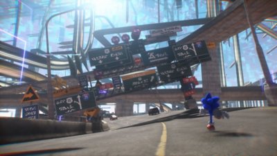 Captura de pantalla de Sonic Frontiers que muestra a Sonic corriendo por una carretera con muchas señales de tráfico encima