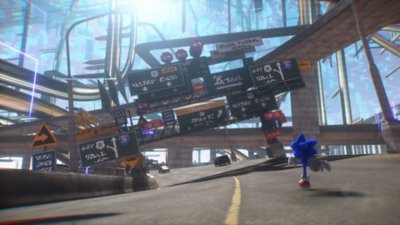 Sonic Frontiers screenshot showing Sonic running down a road with many street signs above